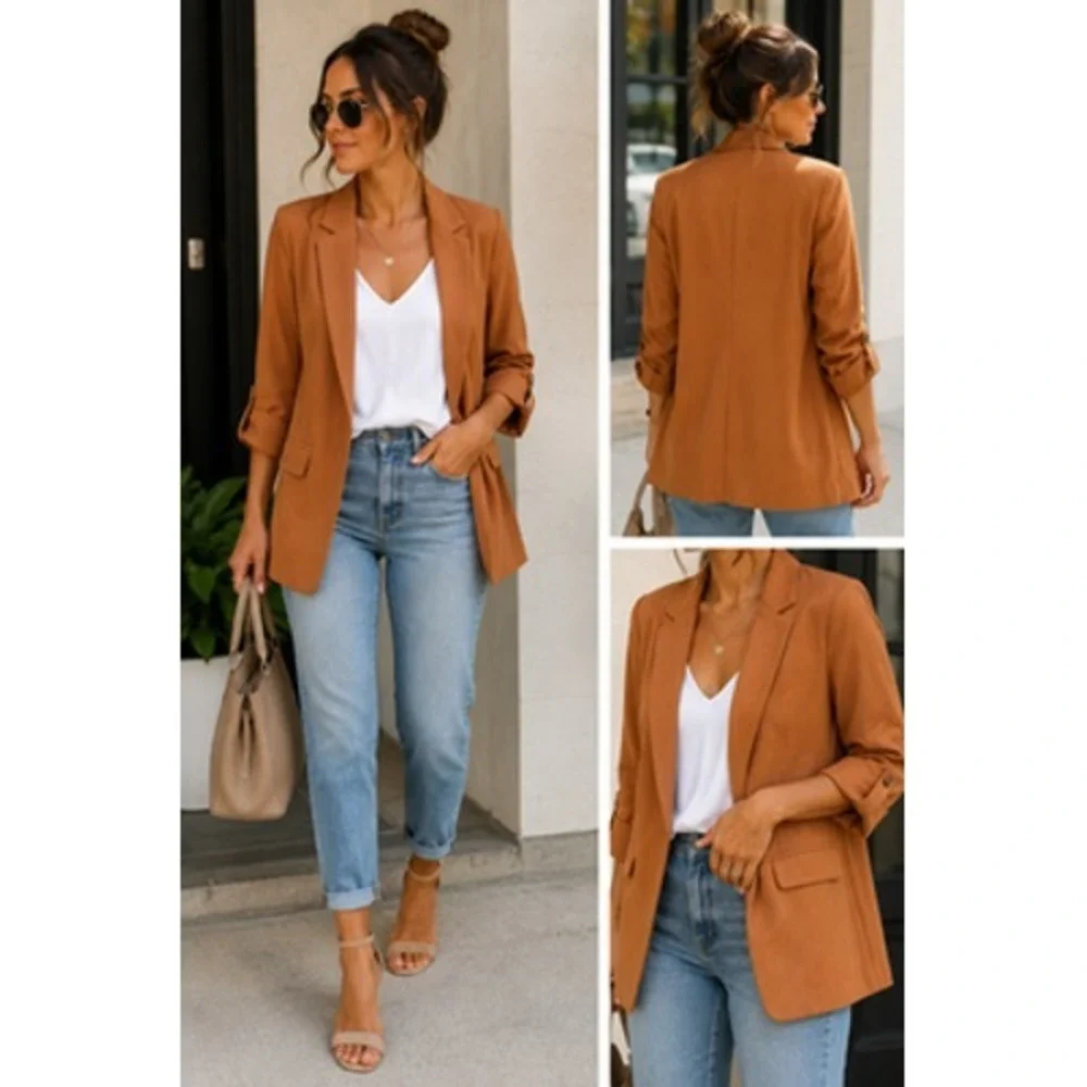 Skies Are Blue Blazer Womens L Brown Boyfriend Oversized Open Front Lined Jacket